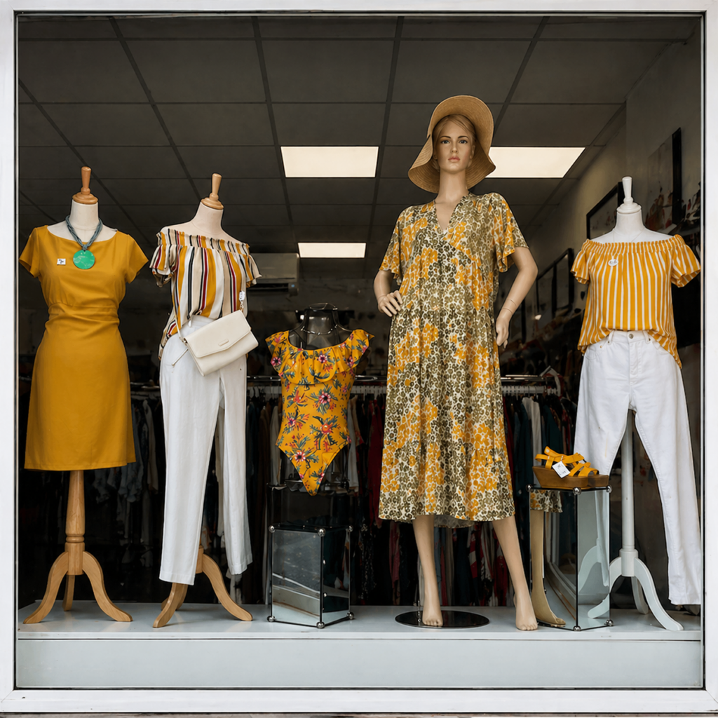 Vitrine de boutique avec mannequins habillés de tenues estivales jaunes et blanches