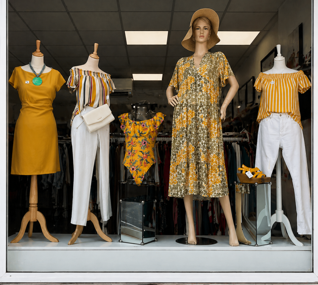 Vitrine de boutique avec mannequins habillés de tenues estivales jaunes et blanches