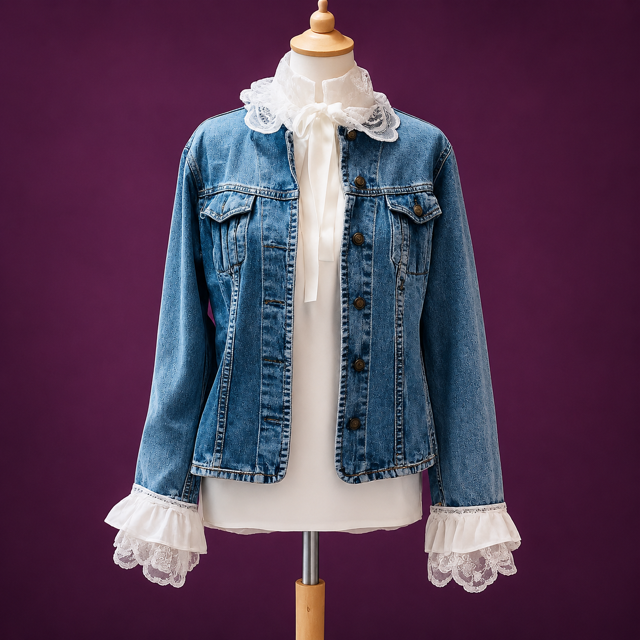 Veste en jean portée sur un chemisier blanc à col et manches en dentelle